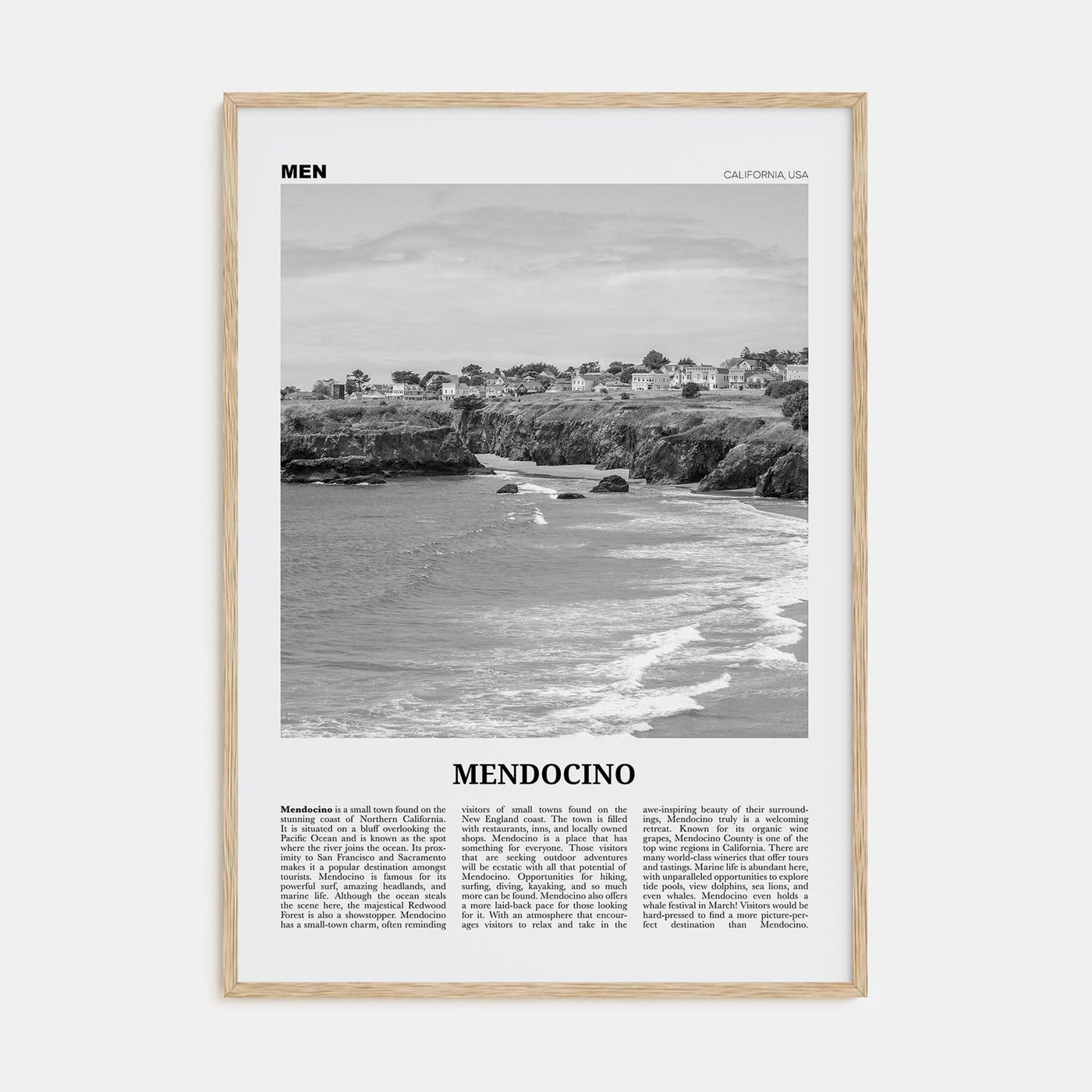 Mendocino Poster Natural Wood / 8x12 in Nbourhood Travel B&W Poster