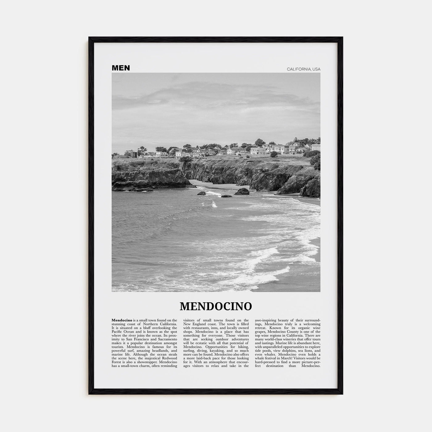 Mendocino Poster Black Wood / 8x12 in Nbourhood Travel B&W Poster