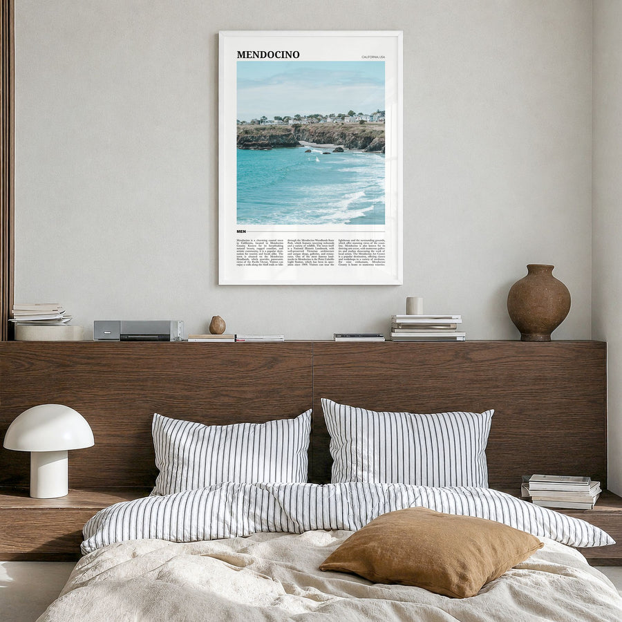 Mendocino Travel Poster in a white wood frame, hanging in a bedroom