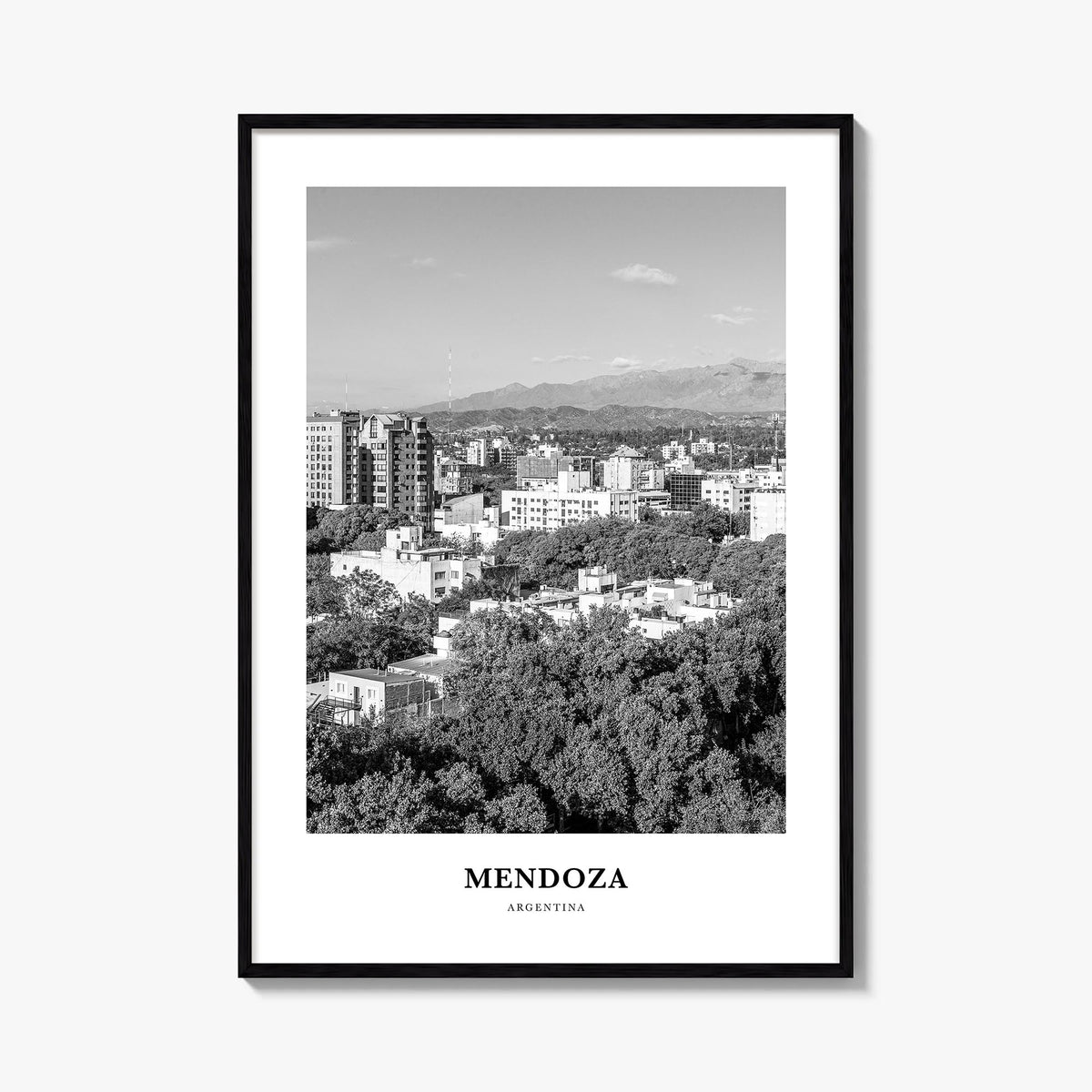 Mendoza black & white classic poster of Argentina – vertical wall art, unframed print shown in interior mockup