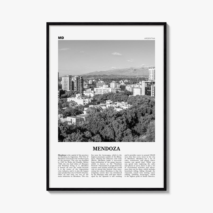 Mendoza black & white newspaper poster of Argentina – vertical wall art, unframed print shown in interior mockup