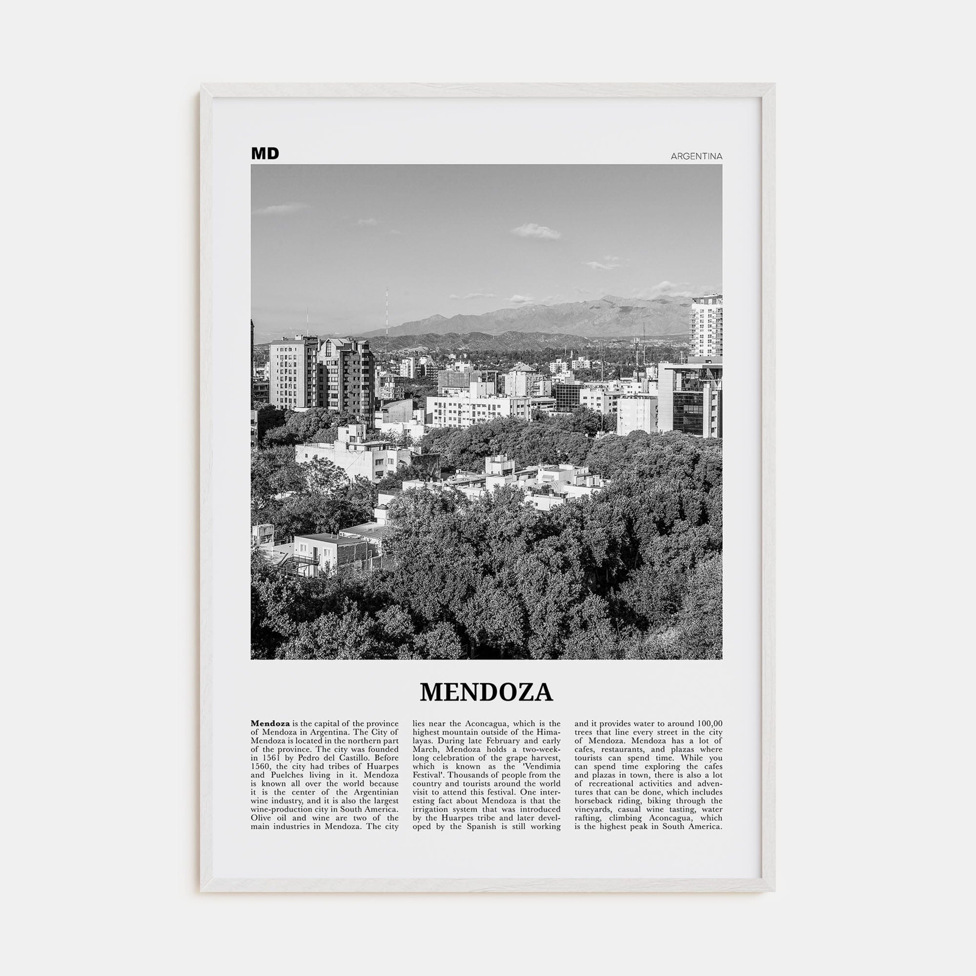 Mendoza Poster White Wood / 8x12 in Nbourhood Travel B&W Poster