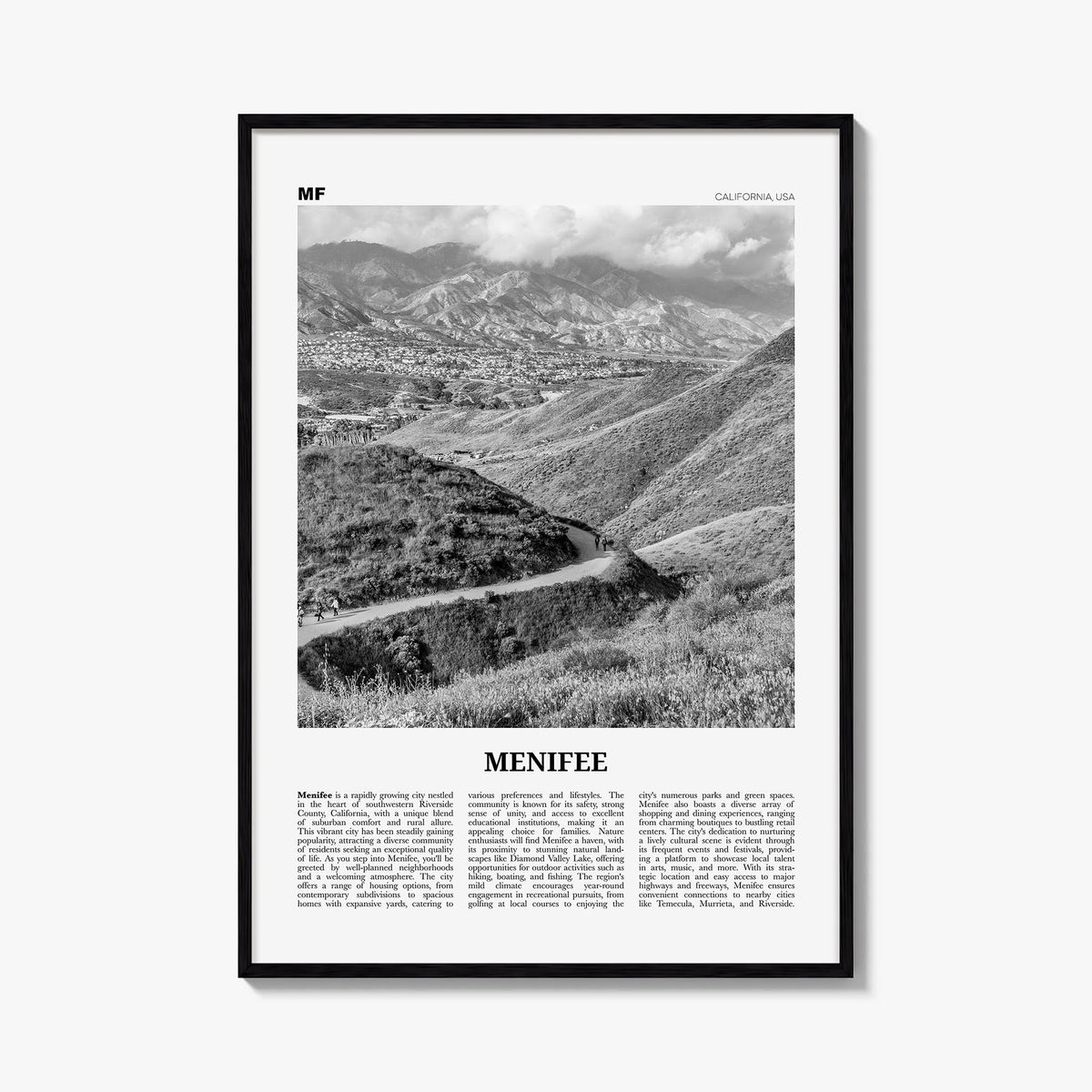Menifee black & white newspaper poster of California, USA – vertical wall art, unframed print shown in interior mockup