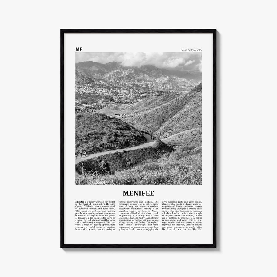 Menifee black & white newspaper poster of California, USA – vertical wall art, unframed print shown in interior mockup