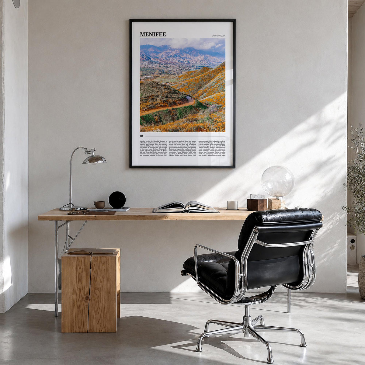 Menifee colorful travel poster of California, USA – vertical wall art in black wood frame, hanging on wall