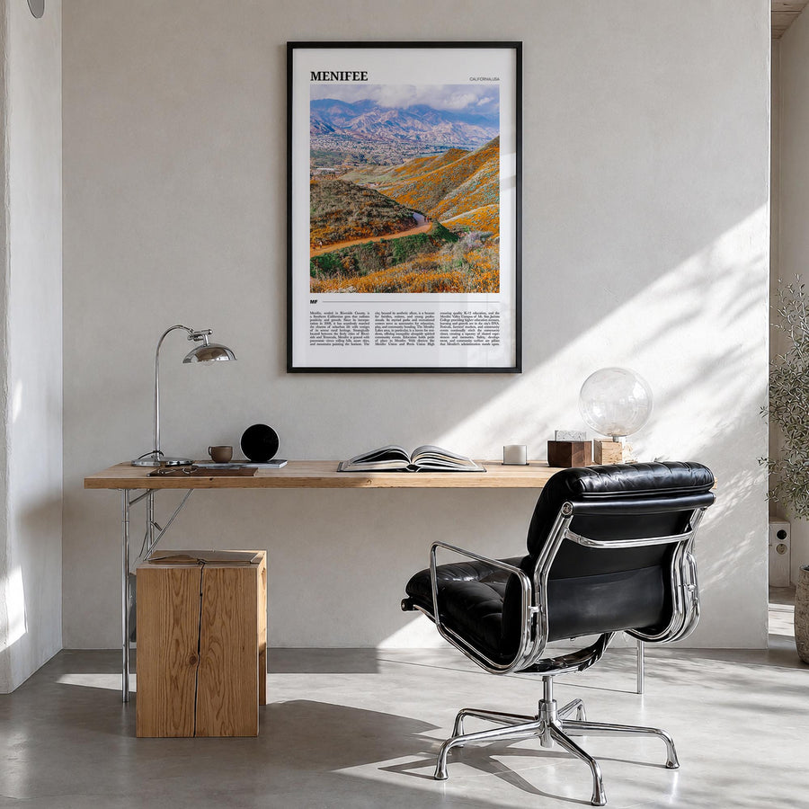 Menifee colorful travel poster of California, USA – vertical wall art in black wood frame, hanging on wall