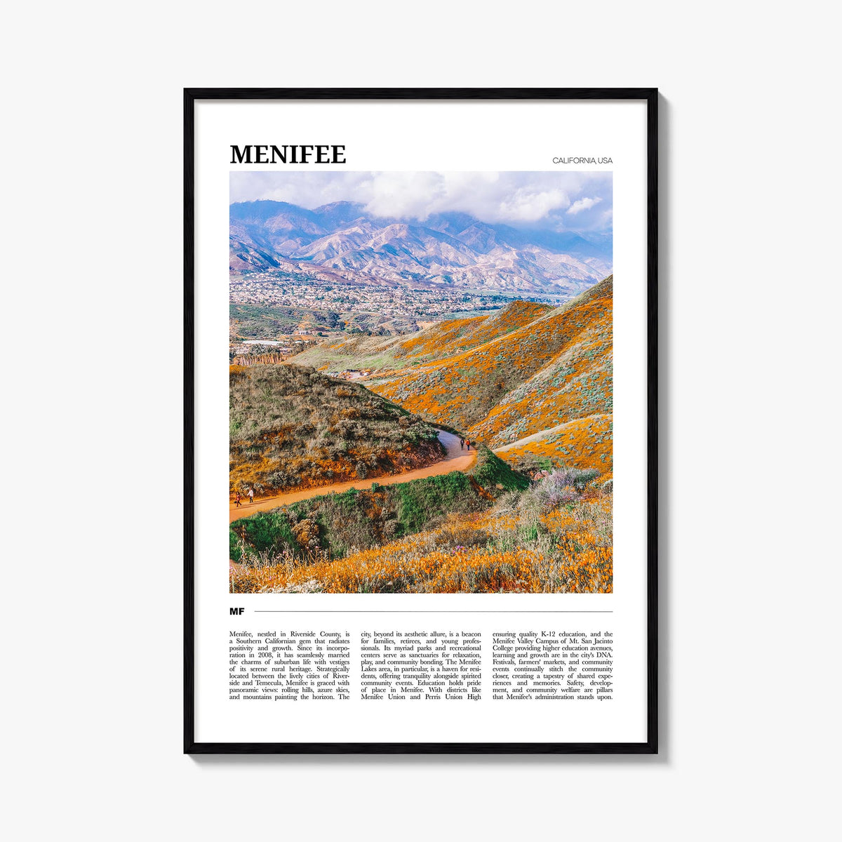 Menifee colorful travel poster of California, USA – vertical wall art, unframed print shown in interior mockup