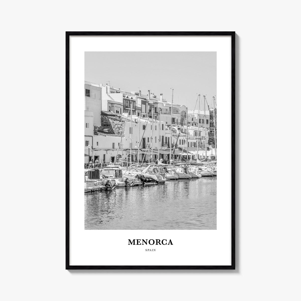Menorca black & white classic poster of Spain – vertical wall art, unframed print shown in interior mockup