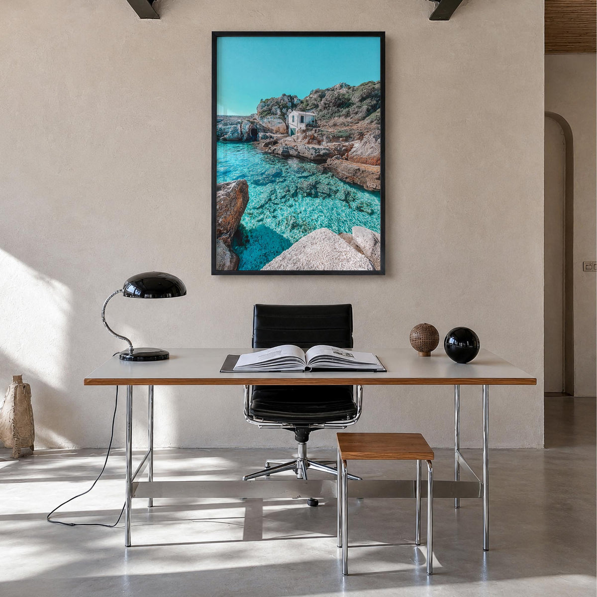 Menorca colorful photo poster of Spain – vertical wall art in black wood frame, hanging on wall
