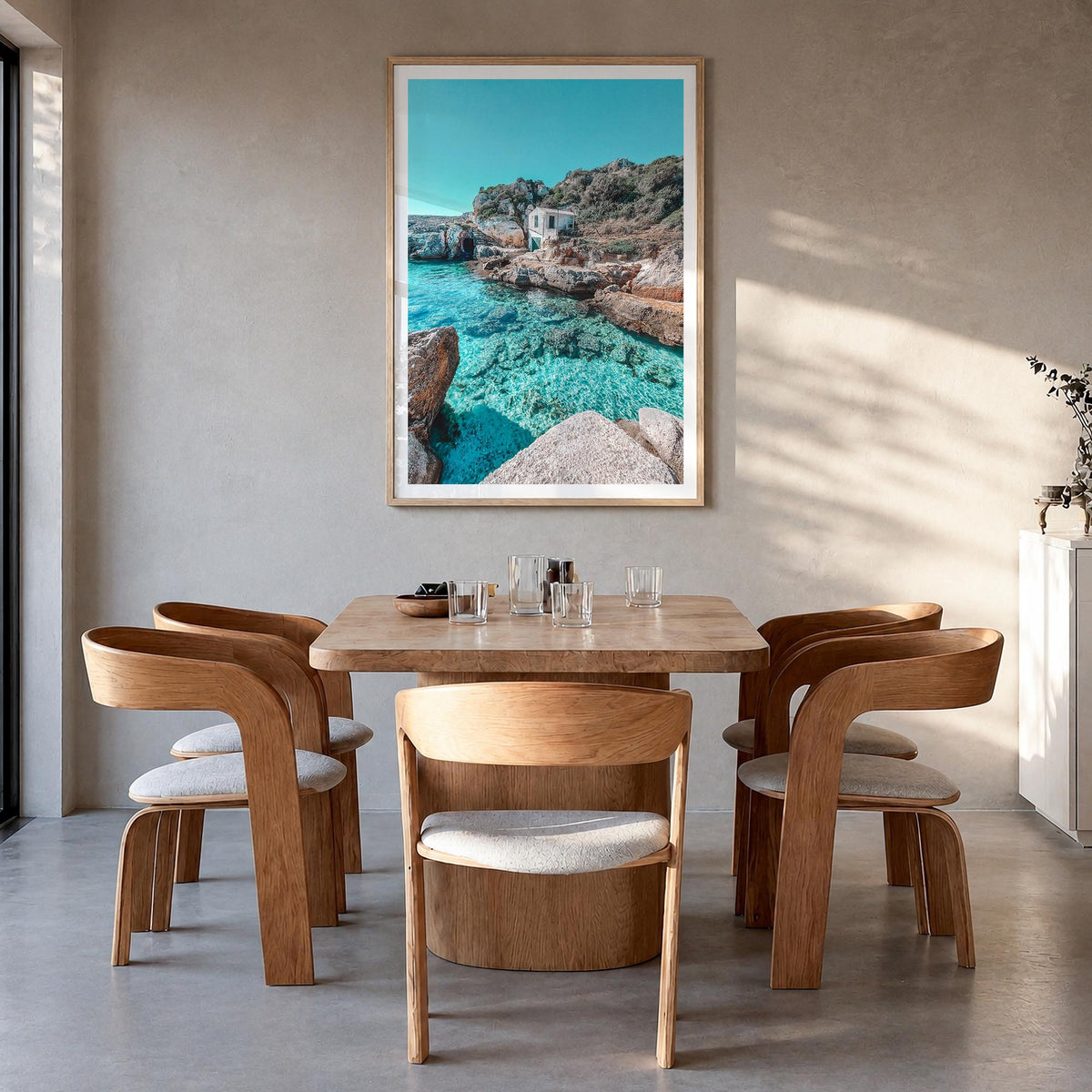 Menorca colorful photo poster of Spain – vertical wall art in natural wood frame with white border, hanging on wall
