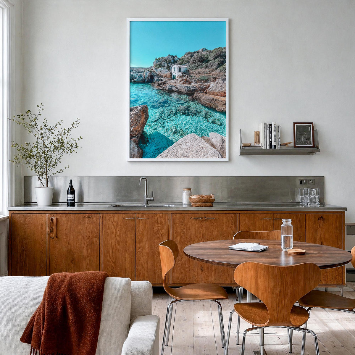 Menorca colorful photo poster of Spain – vertical wall art in white wood frame, hanging on wall