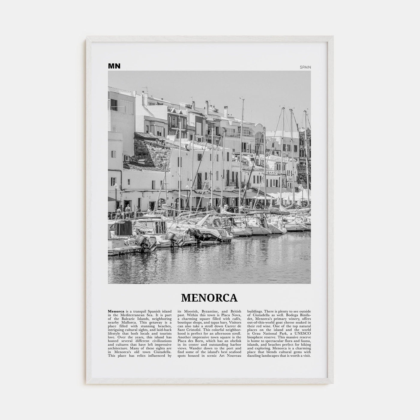 Menorca Poster White Wood / 8x12 in Nbourhood Travel B&W Poster