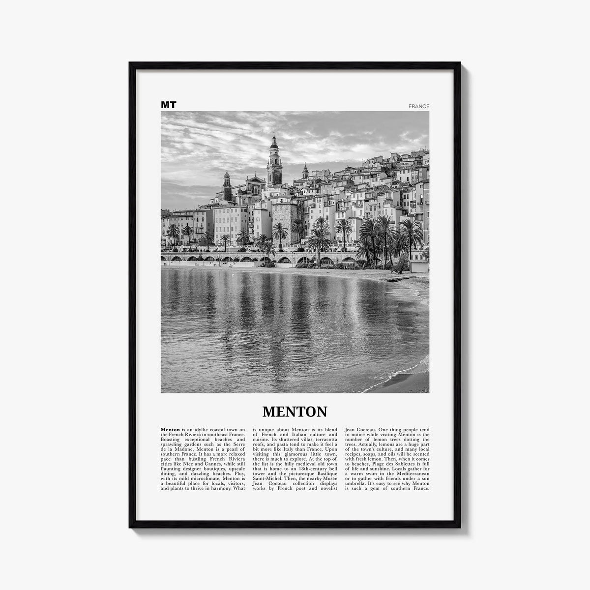 Menton black & white newspaper poster of France – vertical wall art, unframed print shown in interior mockup