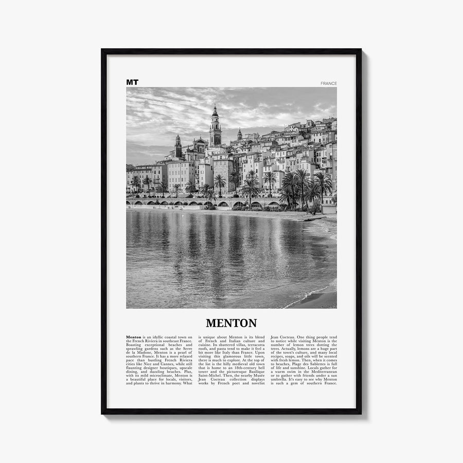Menton black & white newspaper poster of France – vertical wall art, unframed print shown in interior mockup