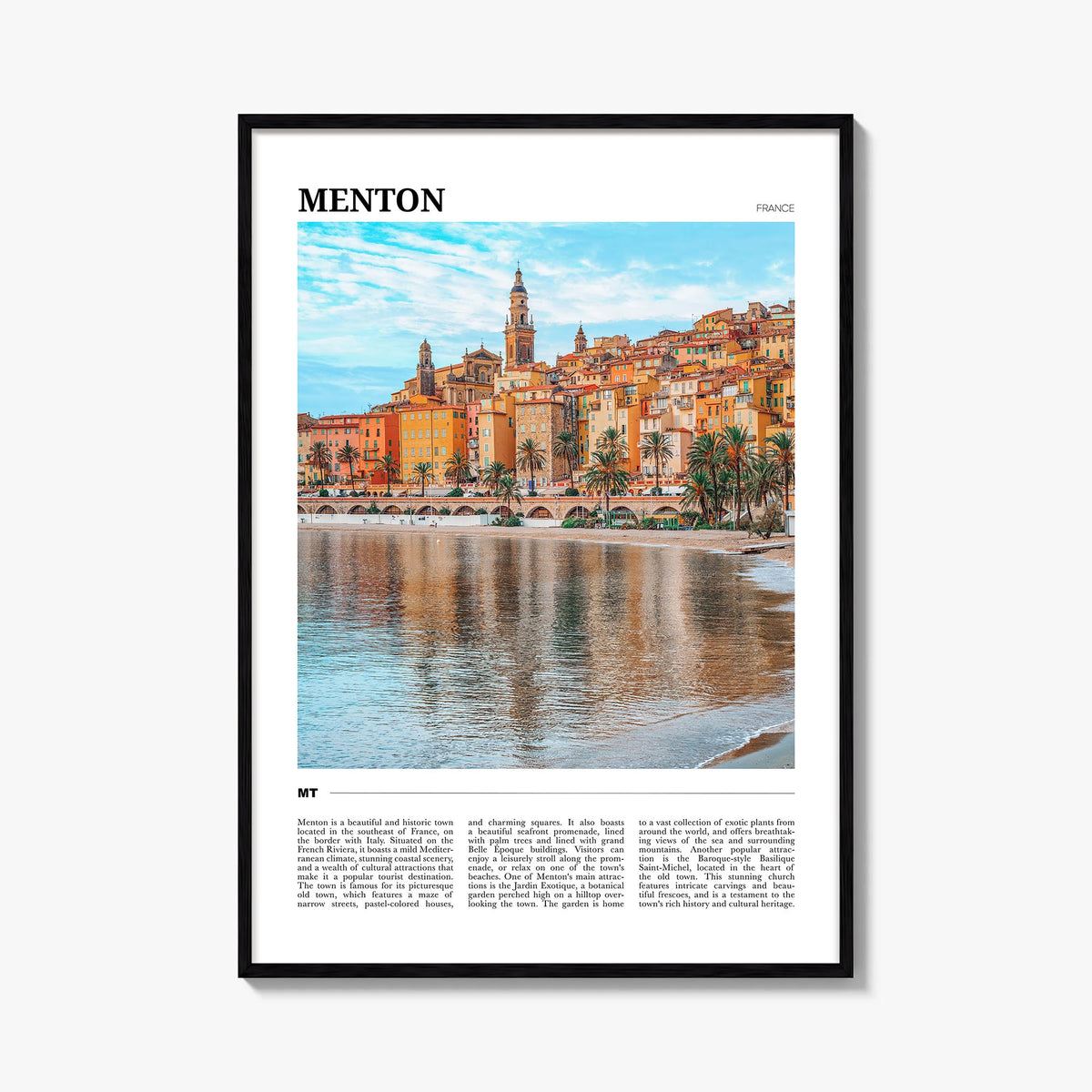 Menton colorful travel poster of France – vertical wall art, unframed print shown in interior mockup