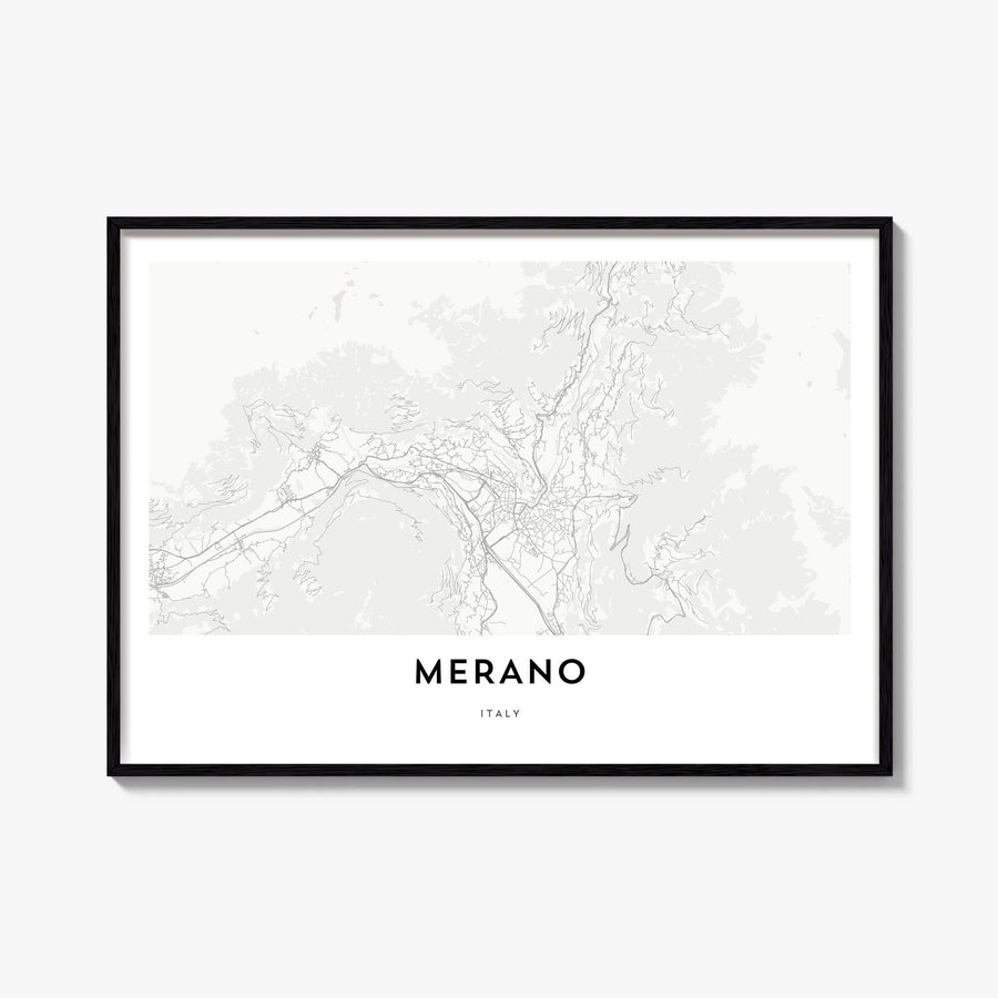 Merano black & white map poster of Italy – horizontal wall art, unframed print shown in interior mockup