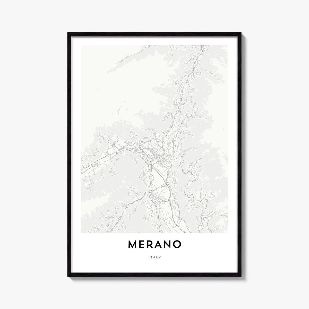 Merano black & white map poster of Italy – vertical wall art, unframed print shown in interior mockup