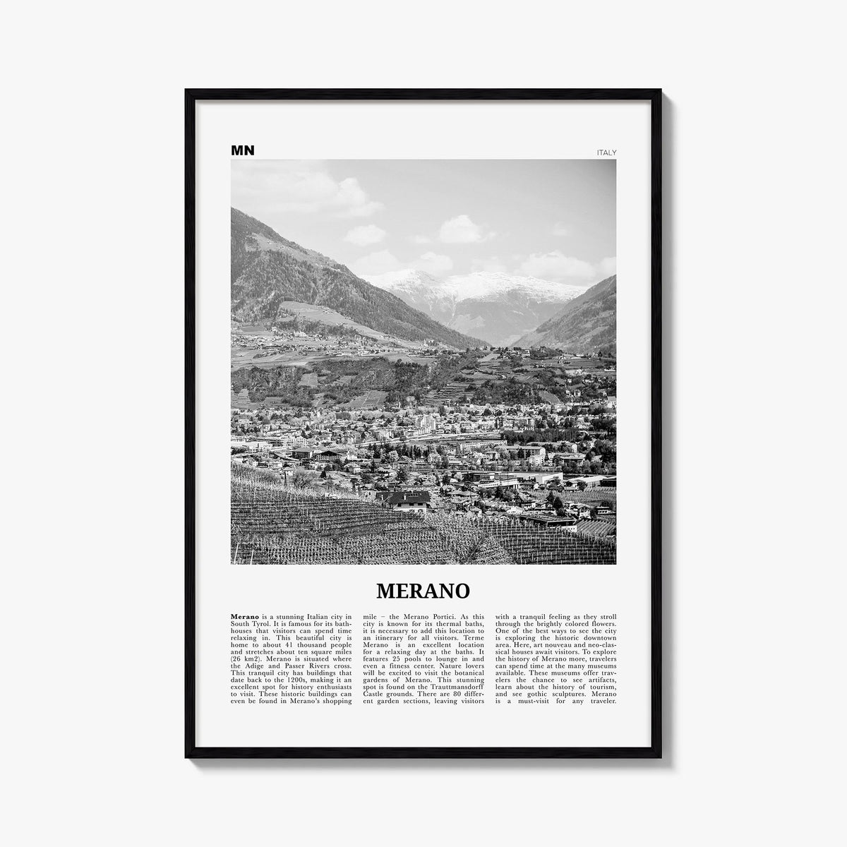 Merano black & white newspaper poster of Italy – vertical wall art, unframed print shown in interior mockup