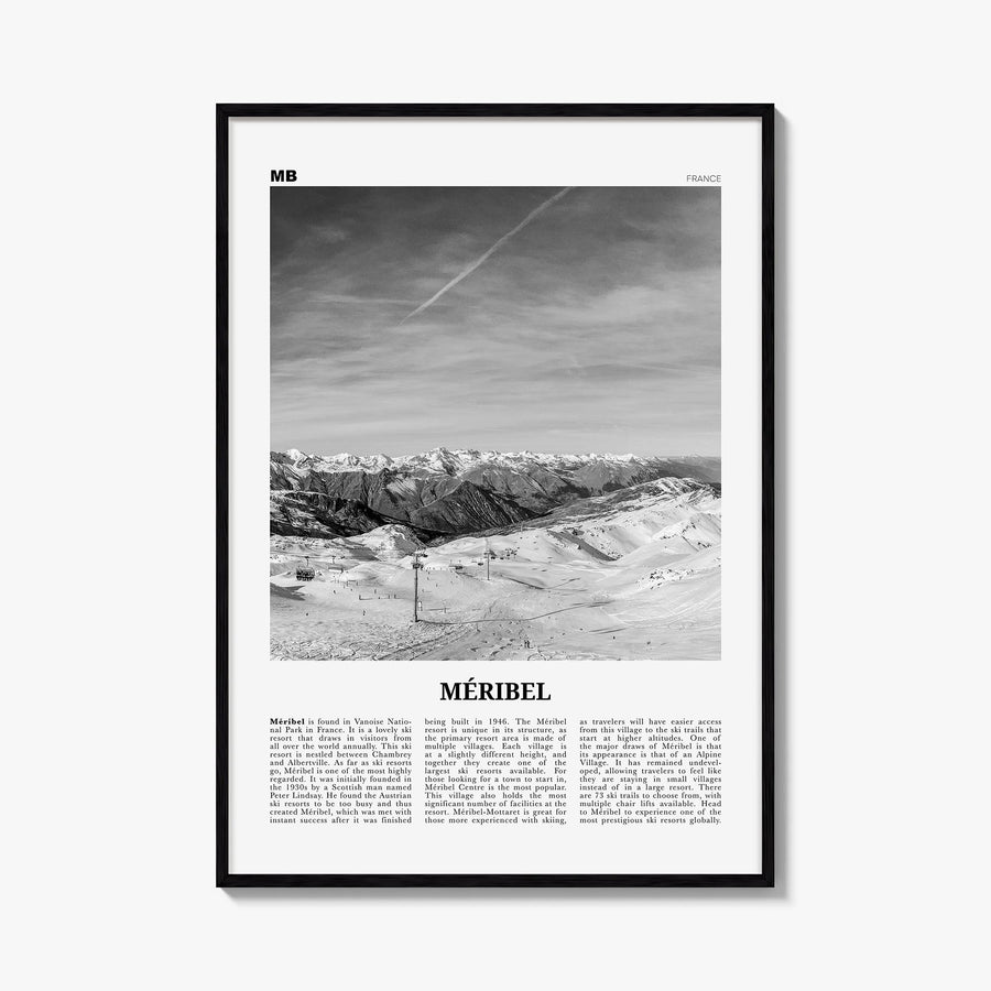 Méribel black & white newspaper poster of France – vertical wall art, unframed print shown in interior mockup