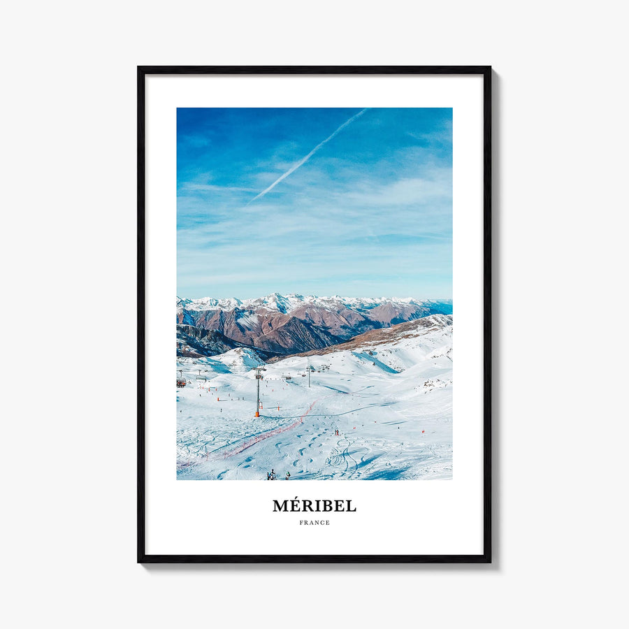 Méribel colorful classic poster of France – vertical wall art, unframed print shown in interior mockup