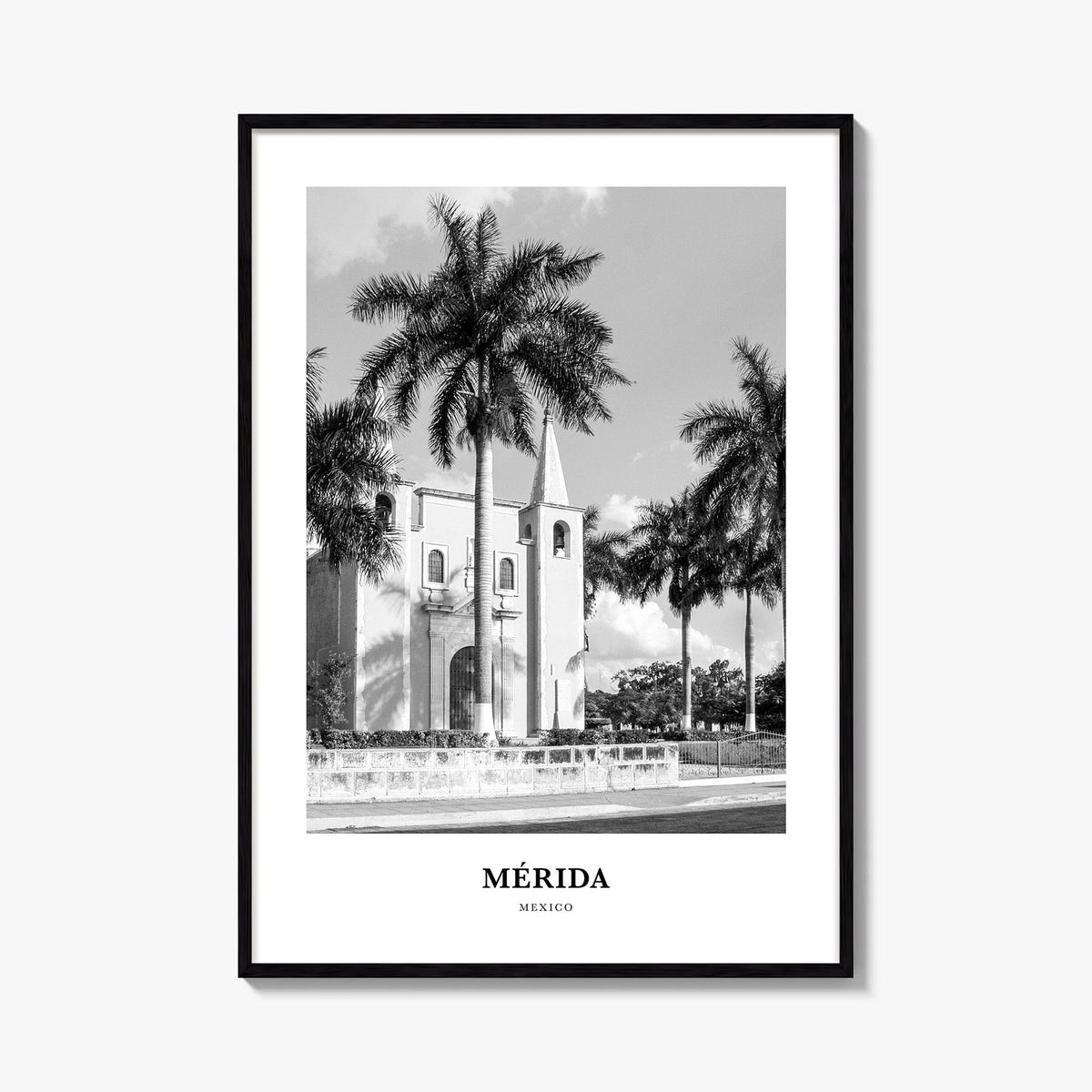 Mérida black & white classic poster of Mexico – vertical wall art, unframed print shown in interior mockup