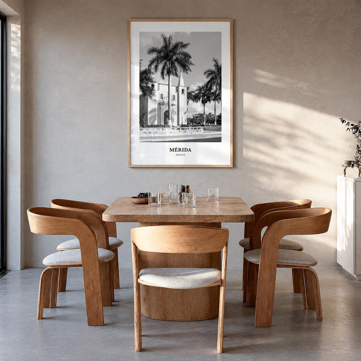 Mérida black & white classic poster of Mexico – vertical wall art in natural wood frame, hanging on wall