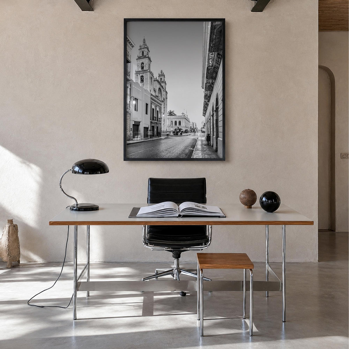 Mérida black & white photo poster of Mexico – vertical wall art in black wood frame, hanging on wall