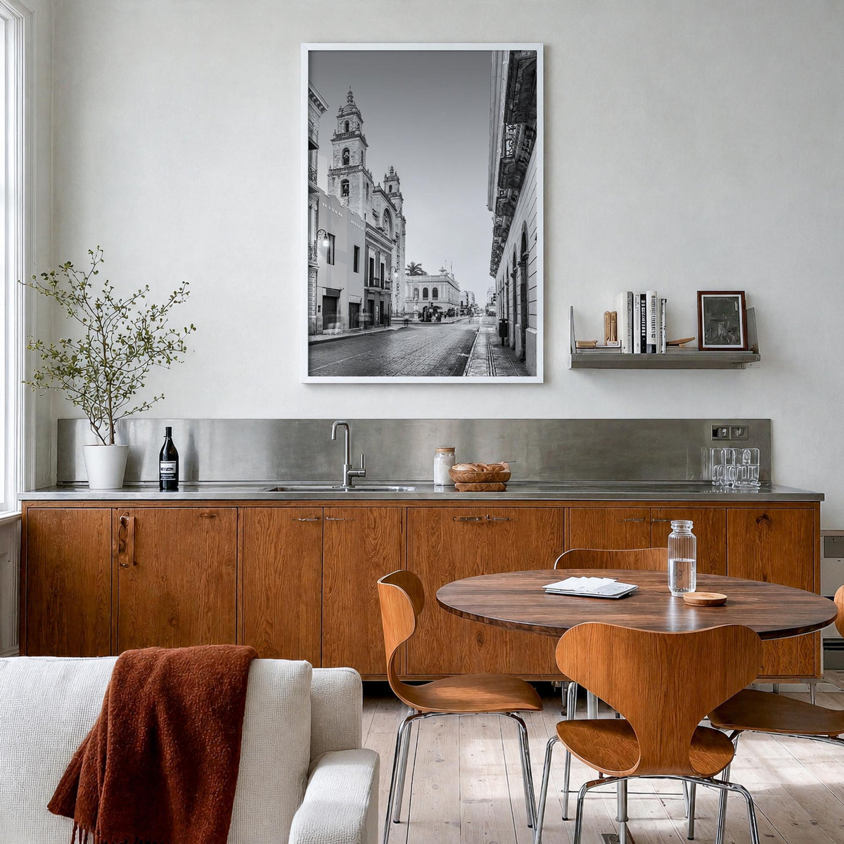 Mérida black & white photo poster of Mexico – vertical wall art in white wood frame, hanging on wall