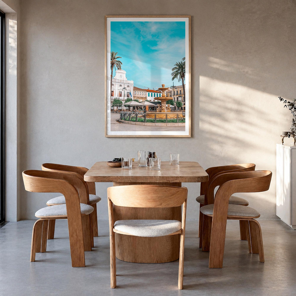 Mérida colorful photo poster of Mexico – vertical wall art in natural wood frame with white border, hanging on wall