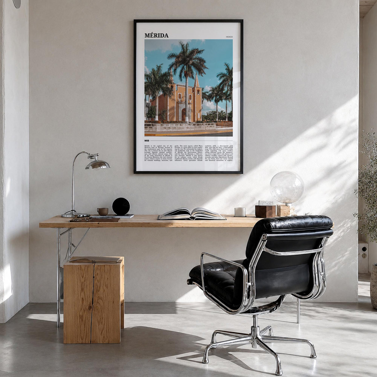 Mérida colorful travel poster of Mexico – vertical wall art in black wood frame, hanging on wall