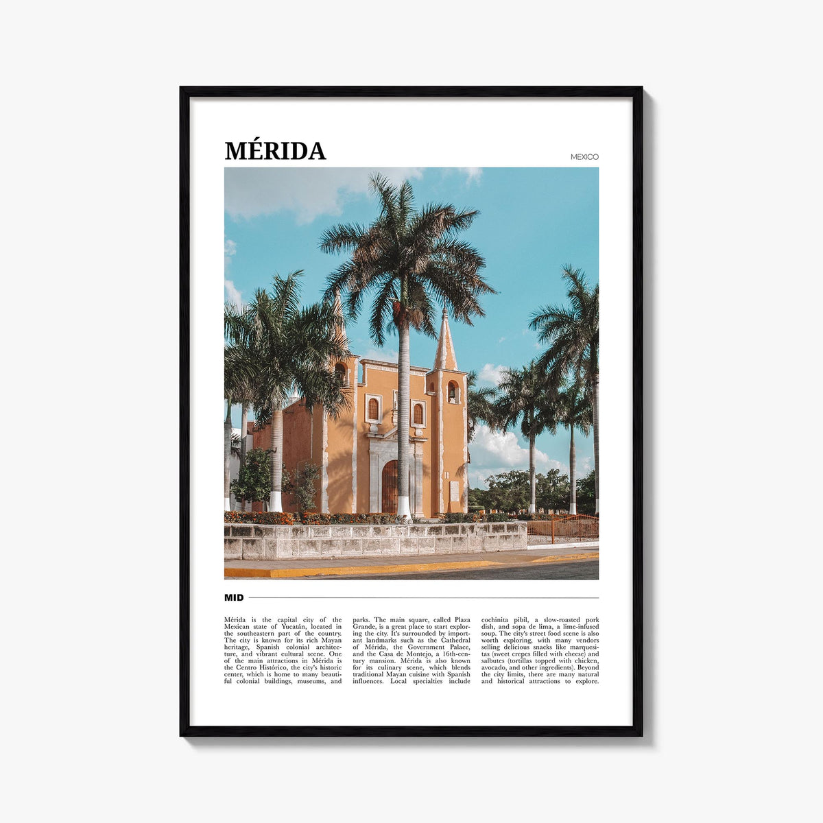 Mérida colorful travel poster of Mexico – vertical wall art, unframed print shown in interior mockup