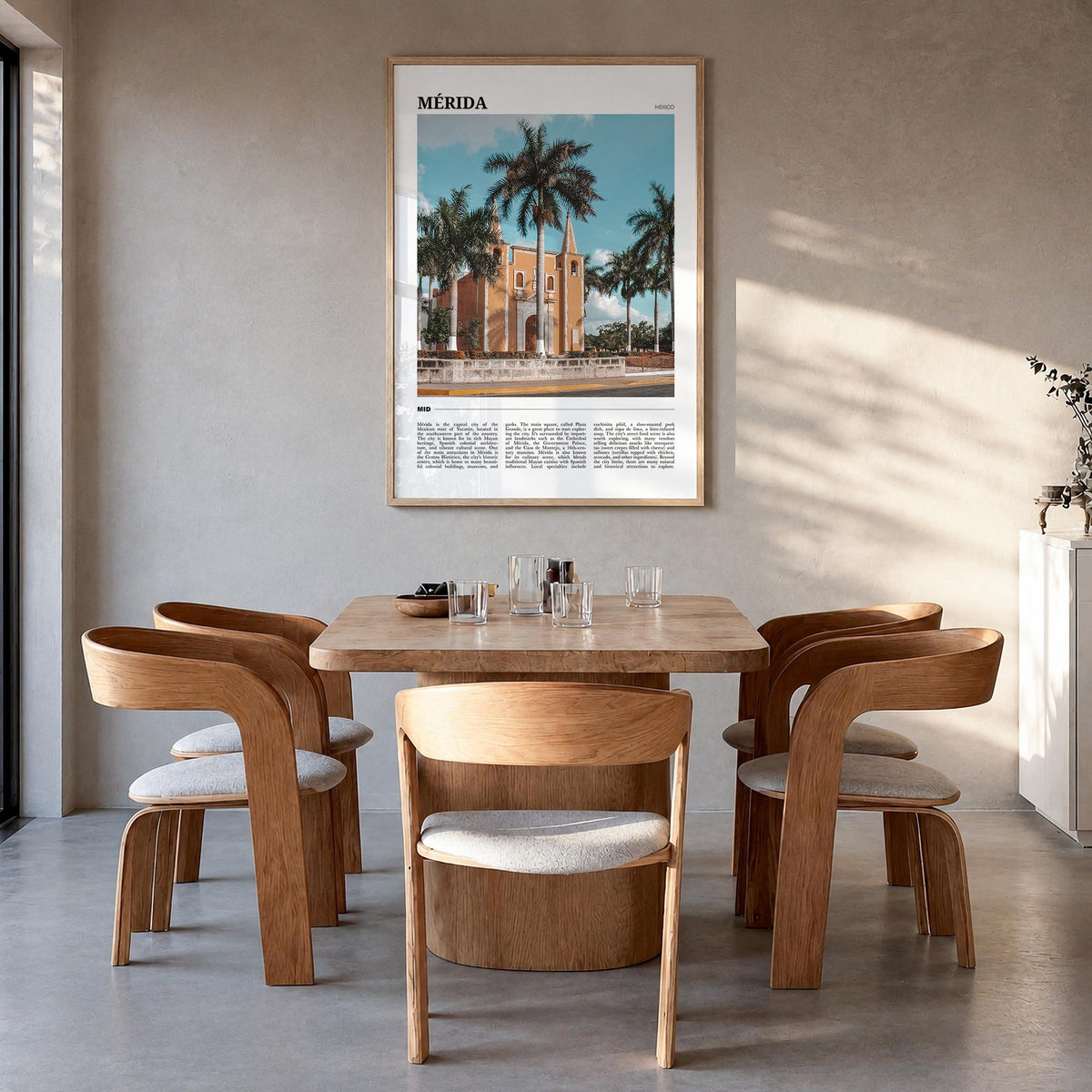 Mérida colorful travel poster of Mexico – vertical wall art in natural wood frame, hanging on wall