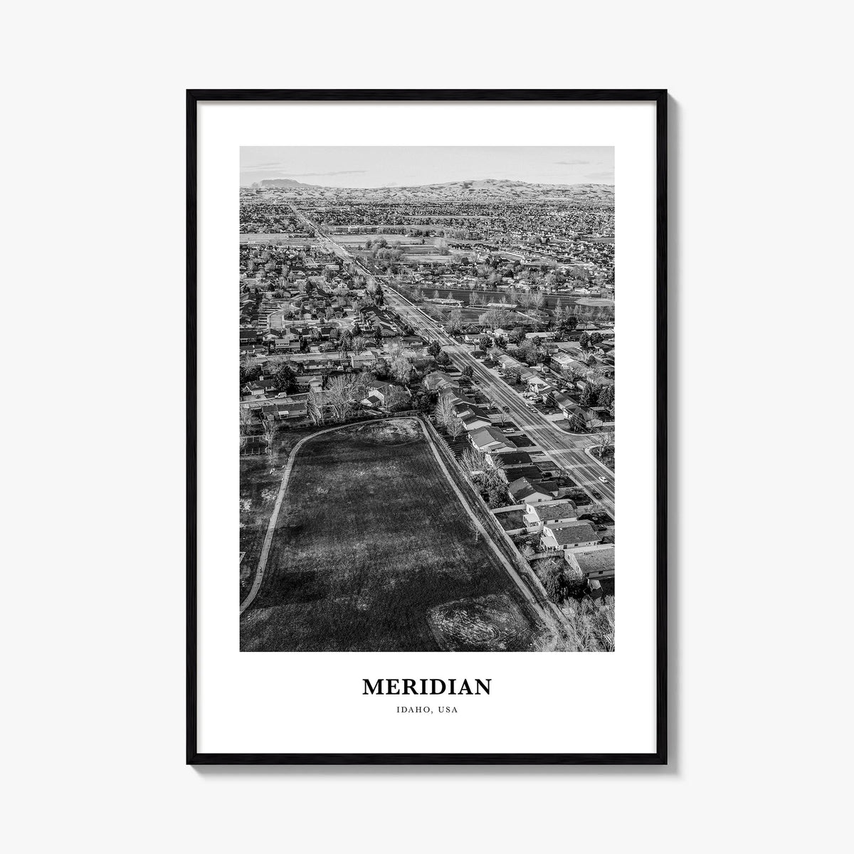 Meridian black & white classic poster of Idaho, USA – vertical wall art, unframed print shown in interior mockup