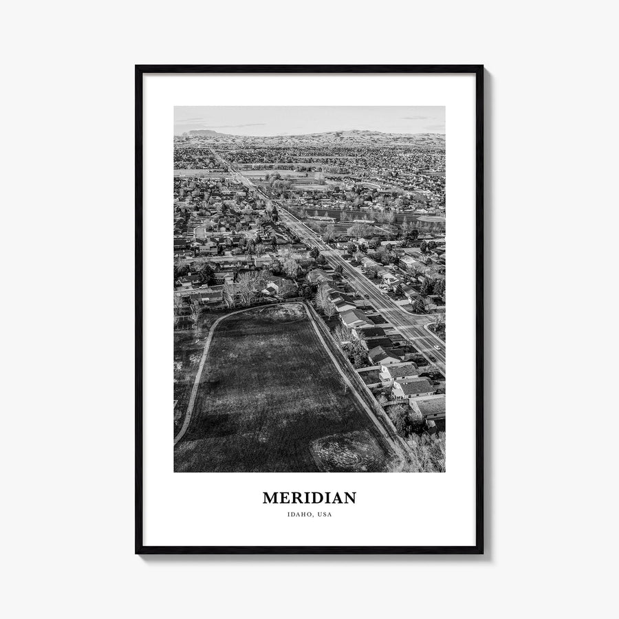 Meridian black & white classic poster of Idaho, USA – vertical wall art, unframed print shown in interior mockup