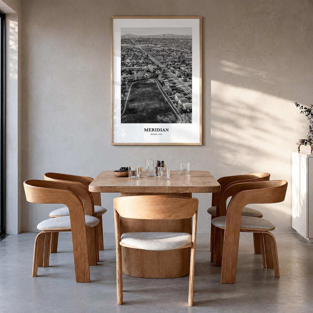 Meridian black & white classic poster of Idaho, USA – vertical wall art in natural wood frame, hanging on wall