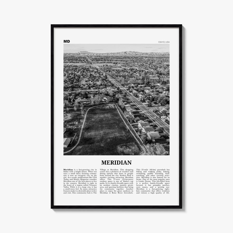 Meridian black & white newspaper poster of Idaho, USA – vertical wall art, unframed print shown in interior mockup