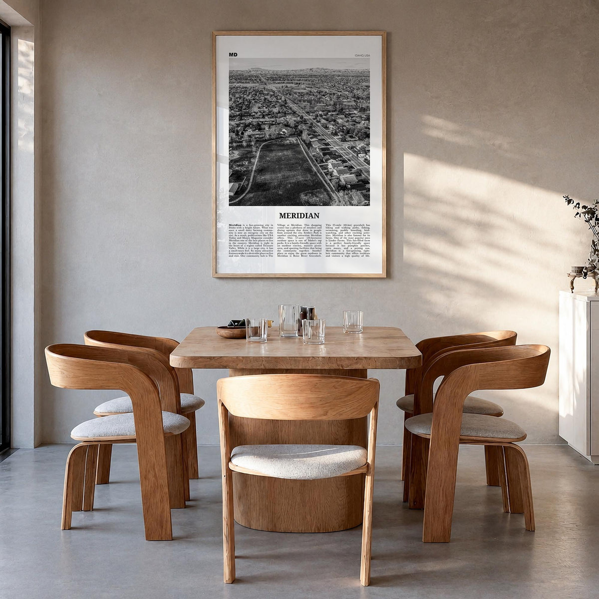 Meridian black & white newspaper poster of Idaho, USA – vertical wall art in natural wood frame, hanging on wall