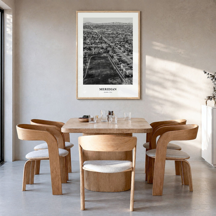 Meridian Classic Poster in a natural wood frame, hanging in a dining room