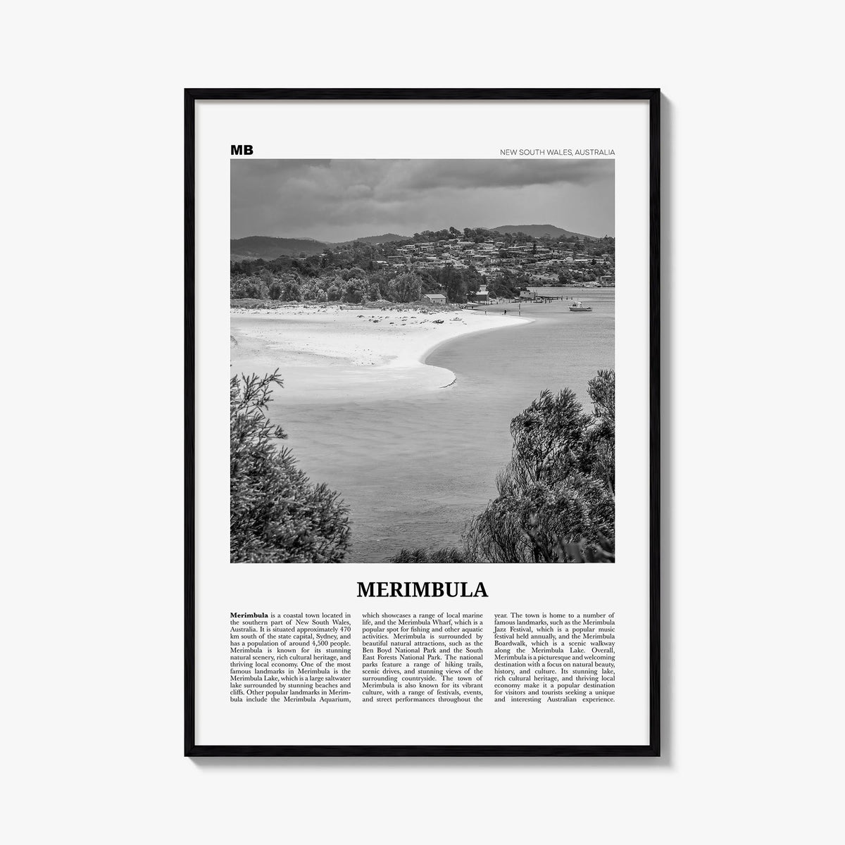 Merimbula black & white newspaper poster of Australia – vertical wall art, unframed print shown in interior mockup