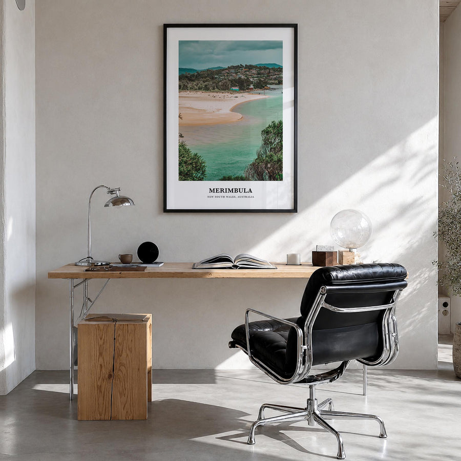 Merimbula colorful classic poster of Australia – vertical wall art in black wood frame, hanging on wall