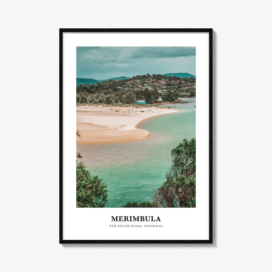 Merimbula colorful classic poster of Australia – vertical wall art, unframed print shown in interior mockup