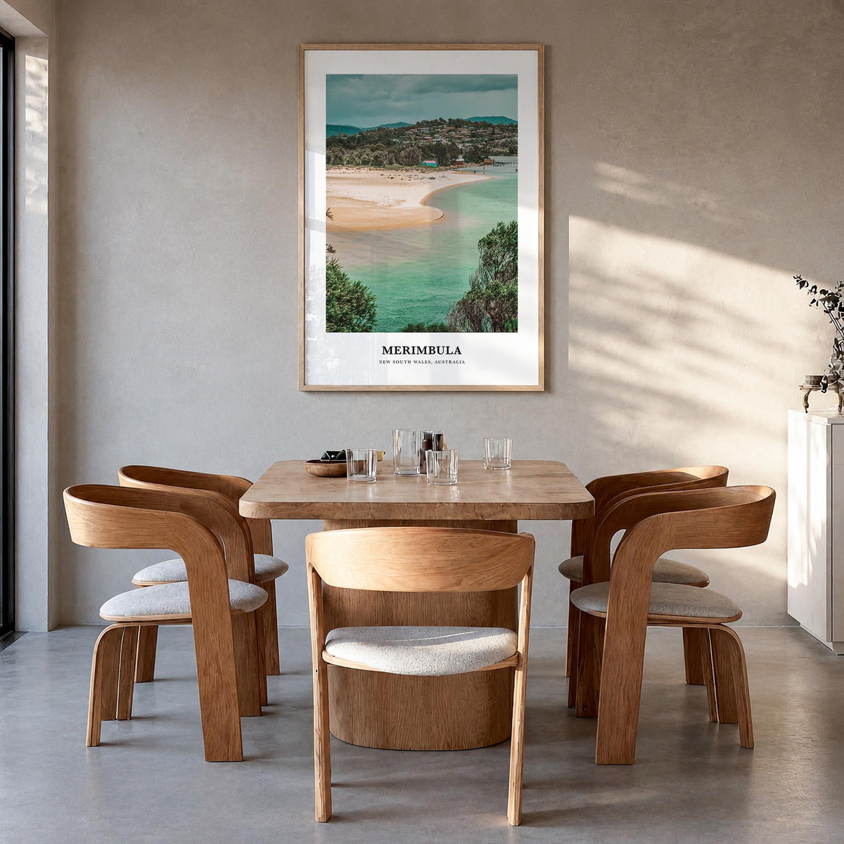 Merimbula colorful classic poster of Australia – vertical wall art in natural wood frame, hanging on wall