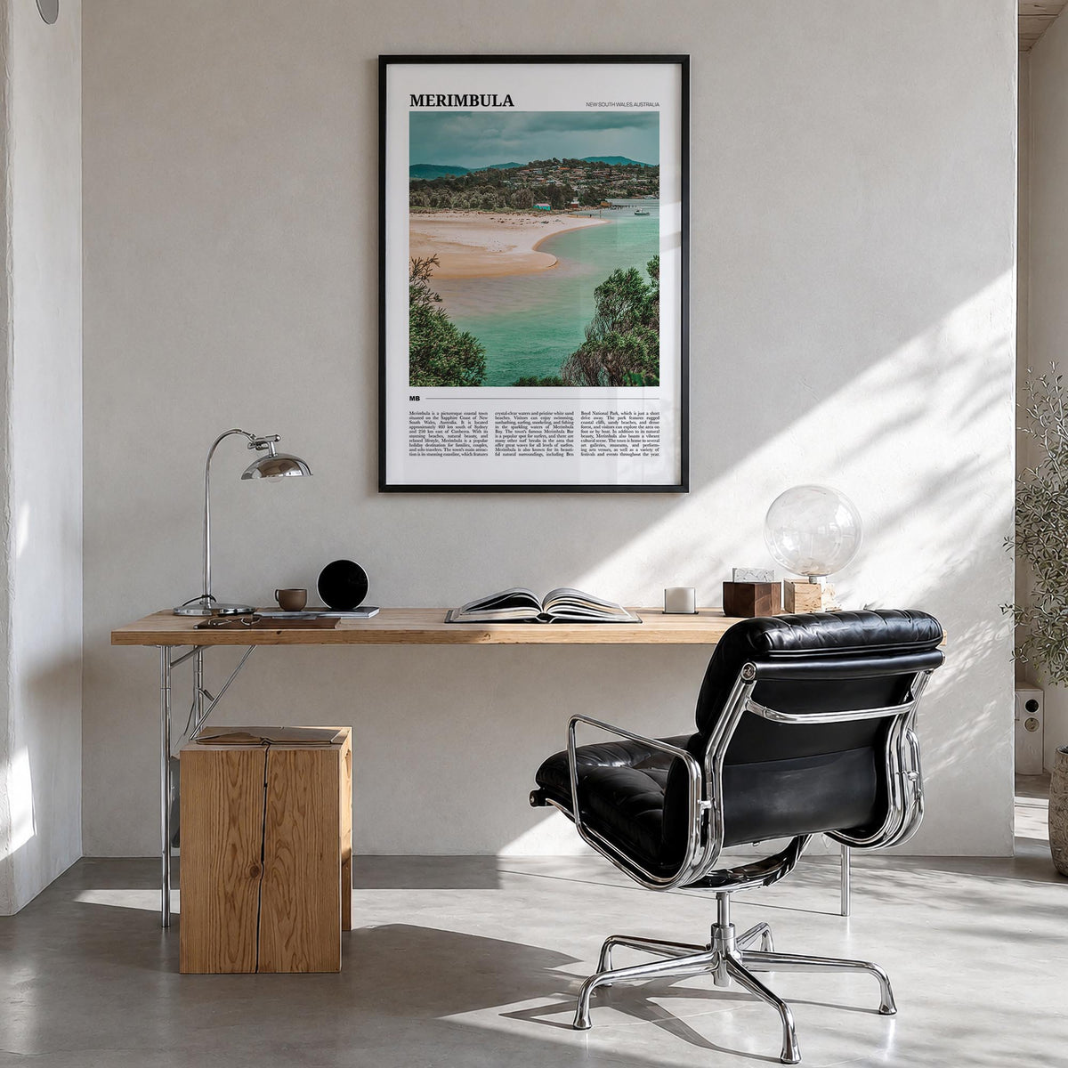 Merimbula colorful travel poster of Australia – vertical wall art in black wood frame, hanging on wall