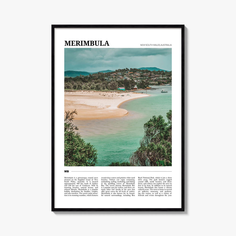 Merimbula colorful travel poster of Australia – vertical wall art, unframed print shown in interior mockup