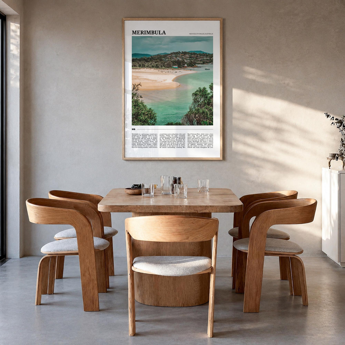 Merimbula colorful travel poster of Australia – vertical wall art in natural wood frame, hanging on wall