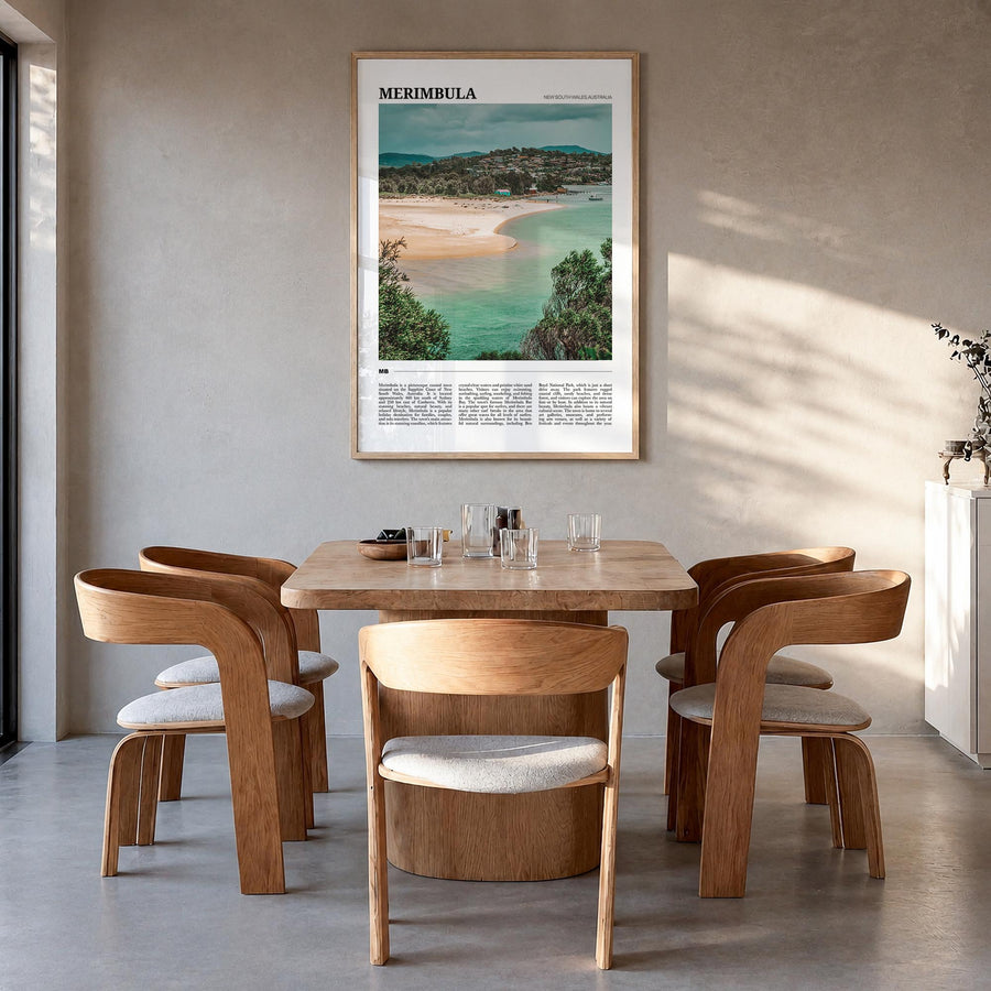 Merimbula colorful travel poster of Australia – vertical wall art in natural wood frame, hanging on wall