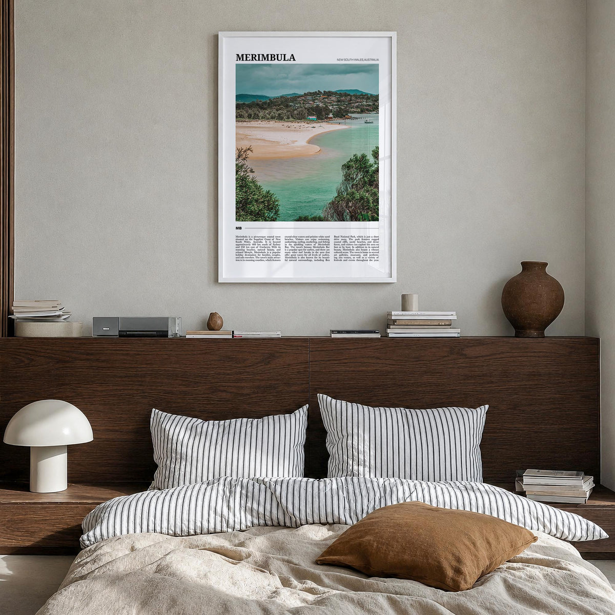 Merimbula colorful travel poster of Australia – vertical wall art in white wood frame, hanging on wall