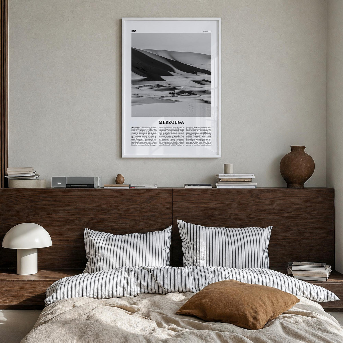 Merzouga black & white newspaper poster of Morocco – vertical wall art in white wood frame, hanging on wall