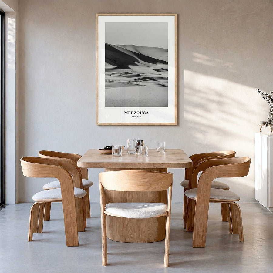 Merzouga Classic Poster in a natural wood frame, hanging in a dining room