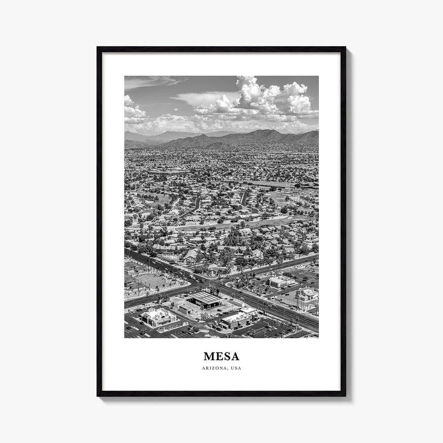 Mesa black & white classic poster of Arizona, USA – vertical wall art, unframed print shown in interior mockup